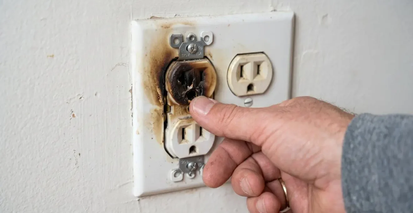 Gros plan d'une main inspectant visuellement une prise électrique murale avec traces de brunissement révélant un problème de surchauffe
