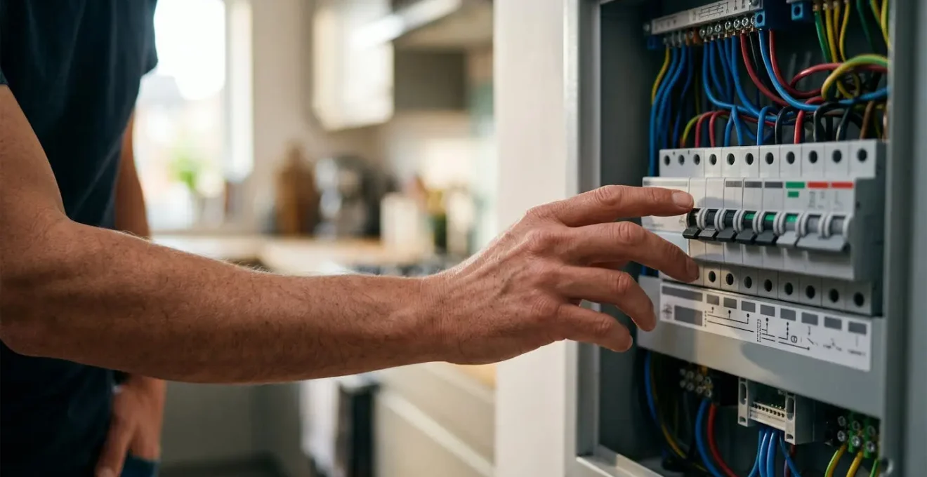 Vue rapprochée de mains inspectant un tableau électrique avec méthode de diagnostic