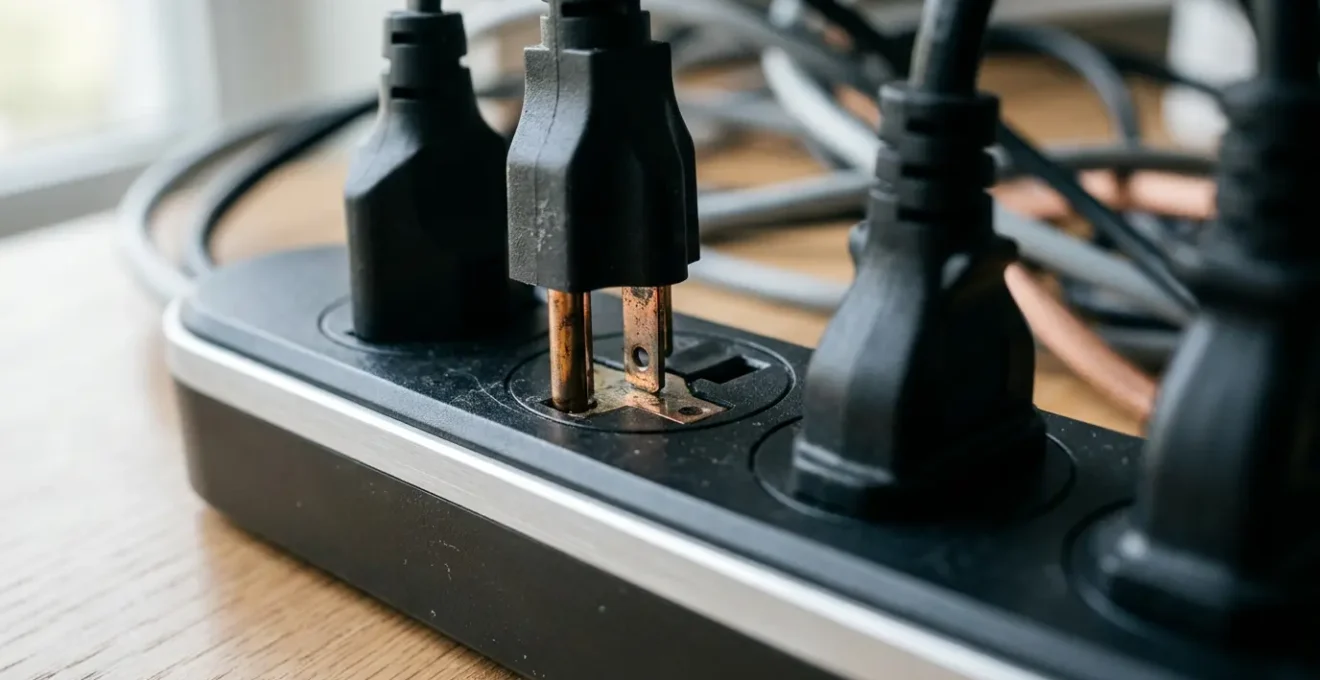 Gros plan sur une multiprise électrique moderne avec plusieurs câbles branchés, photographiée dans un environnement domestique réaliste