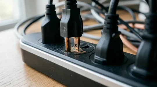 Gros plan sur une multiprise électrique moderne avec plusieurs câbles branchés, photographiée dans un environnement domestique réaliste