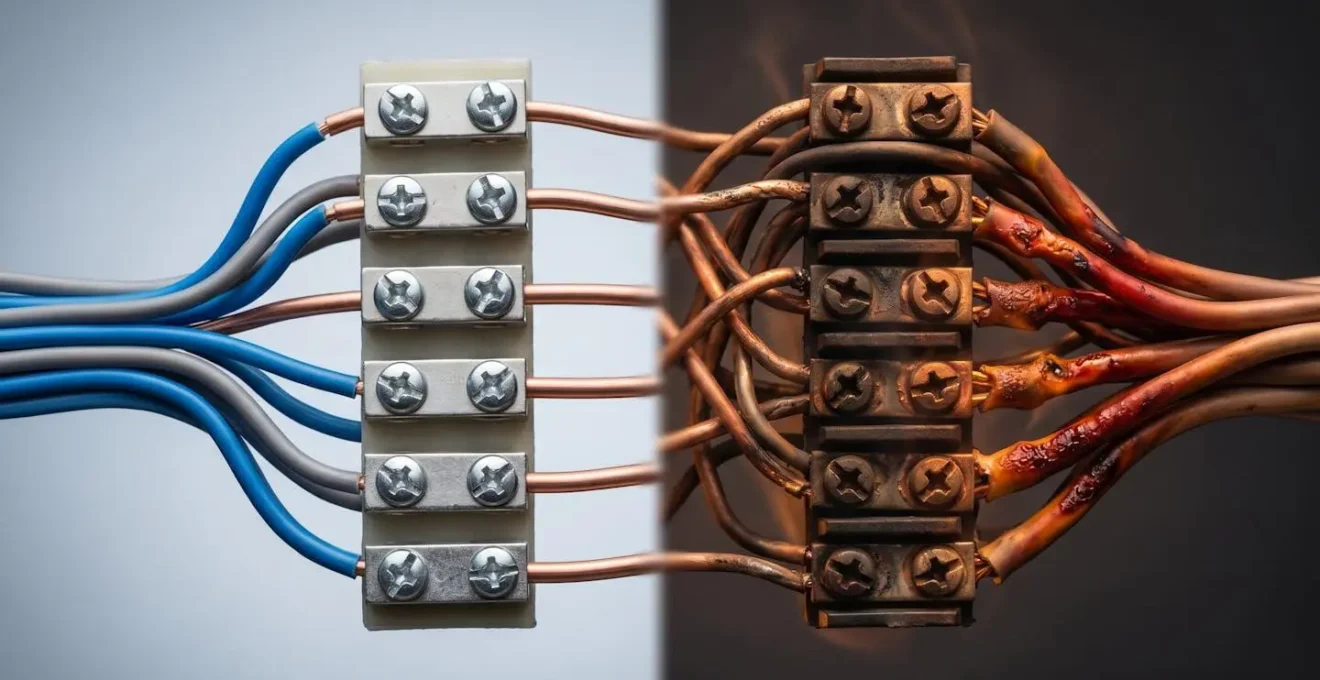Connexions électriques et points de contact d'une multiprise montrant les zones de chaleur