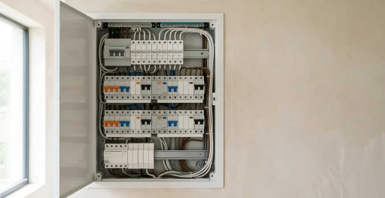 Tableau électrique moderne conforme à la norme NF C 15-100 avec dispositifs différentiels et disjoncteurs