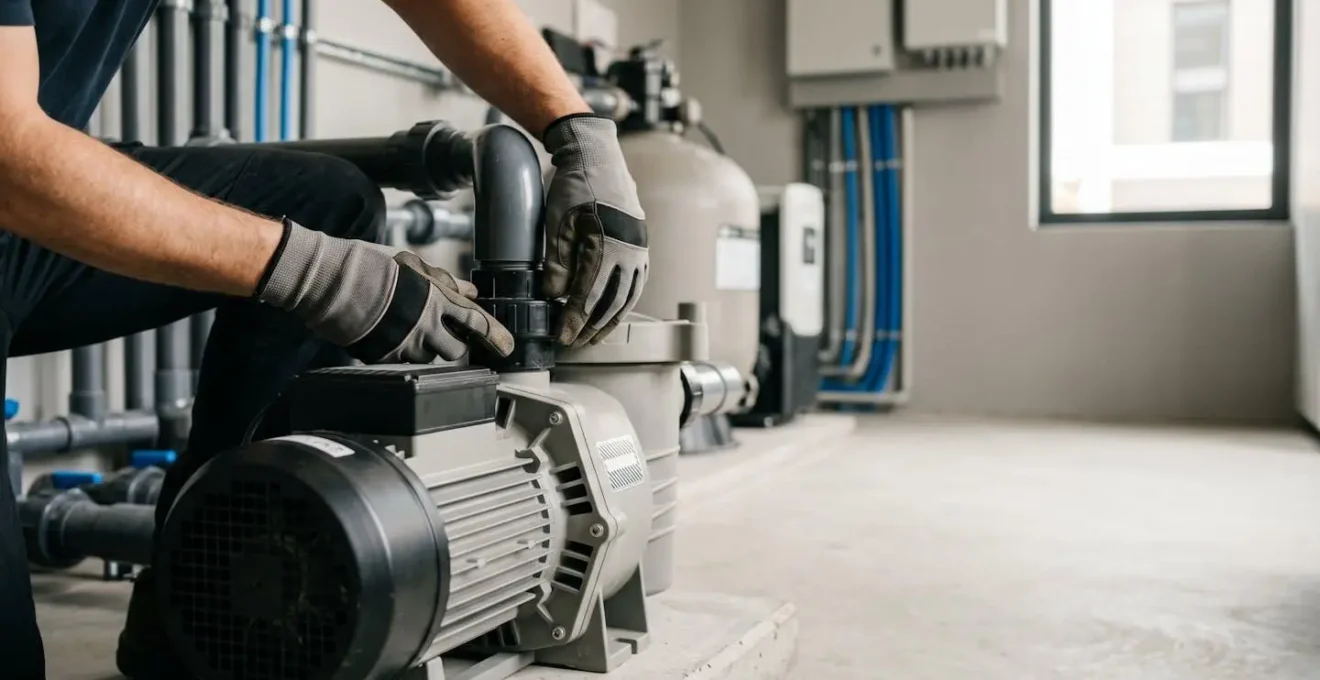 Pompe de piscine avec son moteur électrique illustrant la nécessité d'une protection électrique adaptée