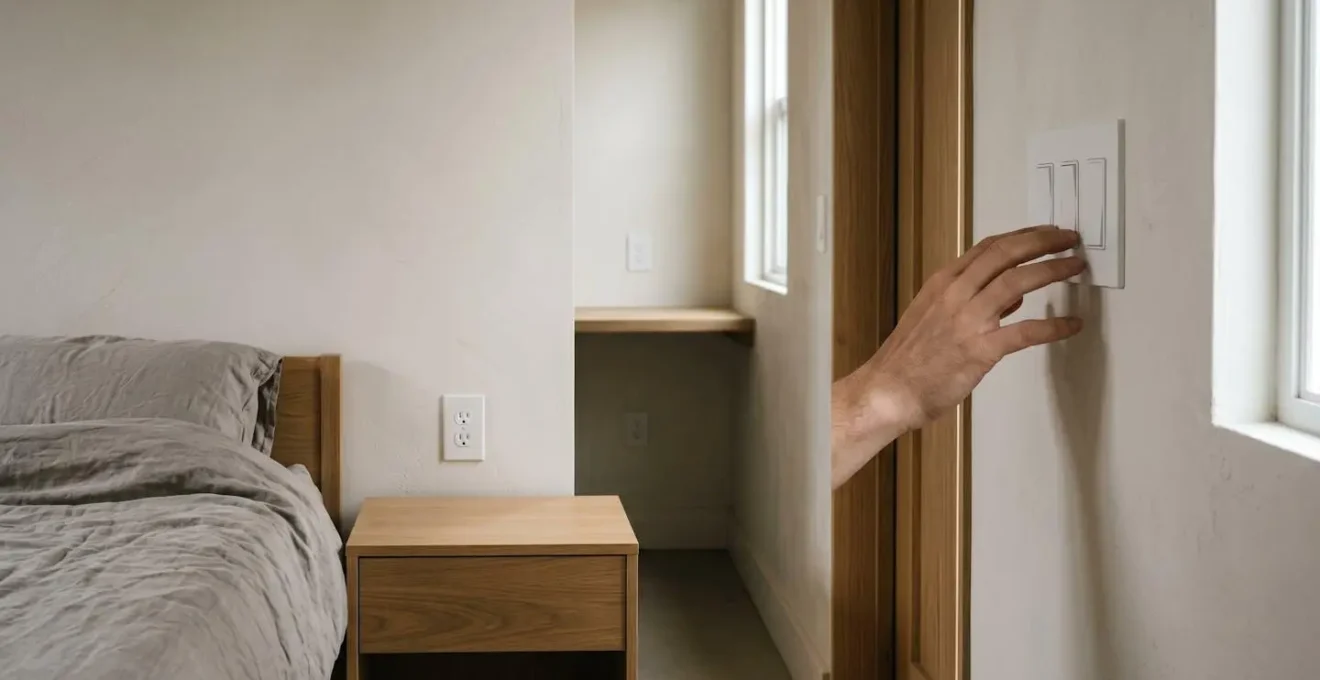 Vue en perspective d'une chambre moderne montrant le positionnement optimal des prises et interrupteurs selon les usages