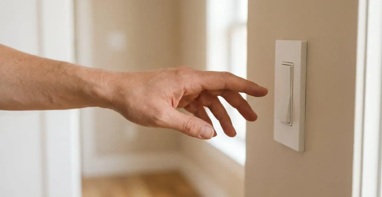 Main se posant naturellement sur un interrupteur positionné ergonomiquement près d'une porte d'entrée