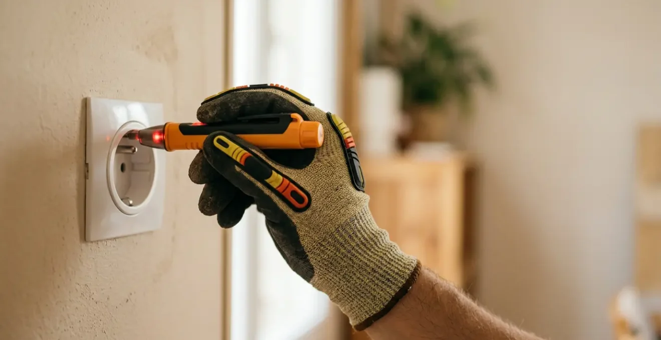 Main gantée de protection testant une prise électrique murale avec un tournevis testeur de tension dans un environnement domestique sécurisé