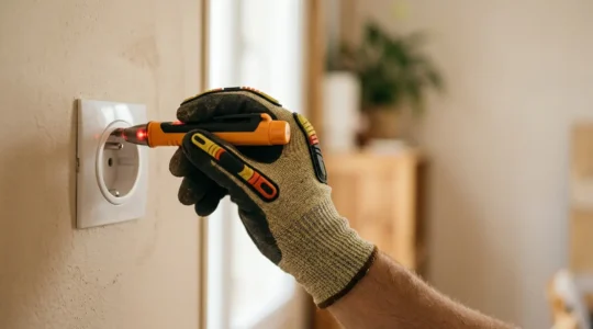 Main gantée de protection testant une prise électrique murale avec un tournevis testeur de tension dans un environnement domestique sécurisé