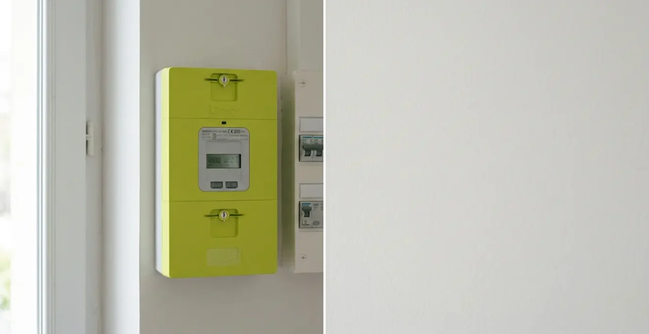 Compteur électrique Linky moderne avec écran numérique affichant les données de consommation dans un environnement résidentiel français
