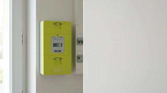 Compteur électrique Linky moderne avec écran numérique affichant les données de consommation dans un environnement résidentiel français