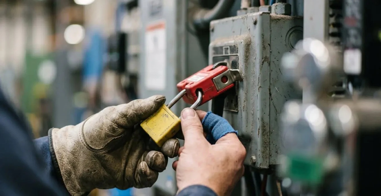 Gros plan macro sur les mains d'un électricien appliquant une procédure de consignation sur un dispositif de verrouillage