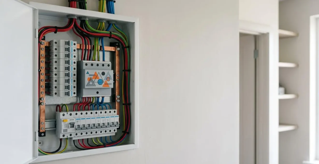 Vue d'ensemble d'un tableau électrique domestique moderne avec parafoudre installé et câblage soigné