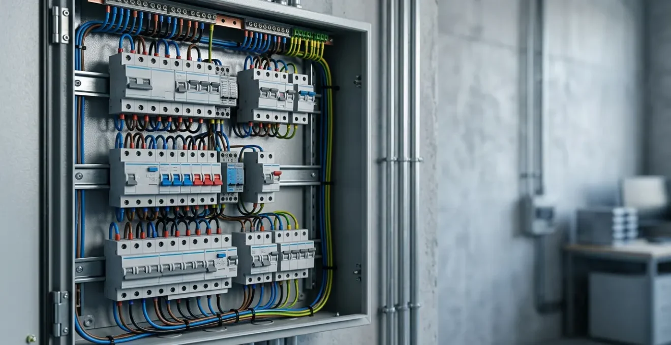 Dispositif de protection électrique avec tableau électrique moderne dans un environnement technique professionnel