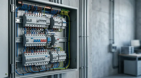 Dispositif de protection électrique avec tableau électrique moderne dans un environnement technique professionnel