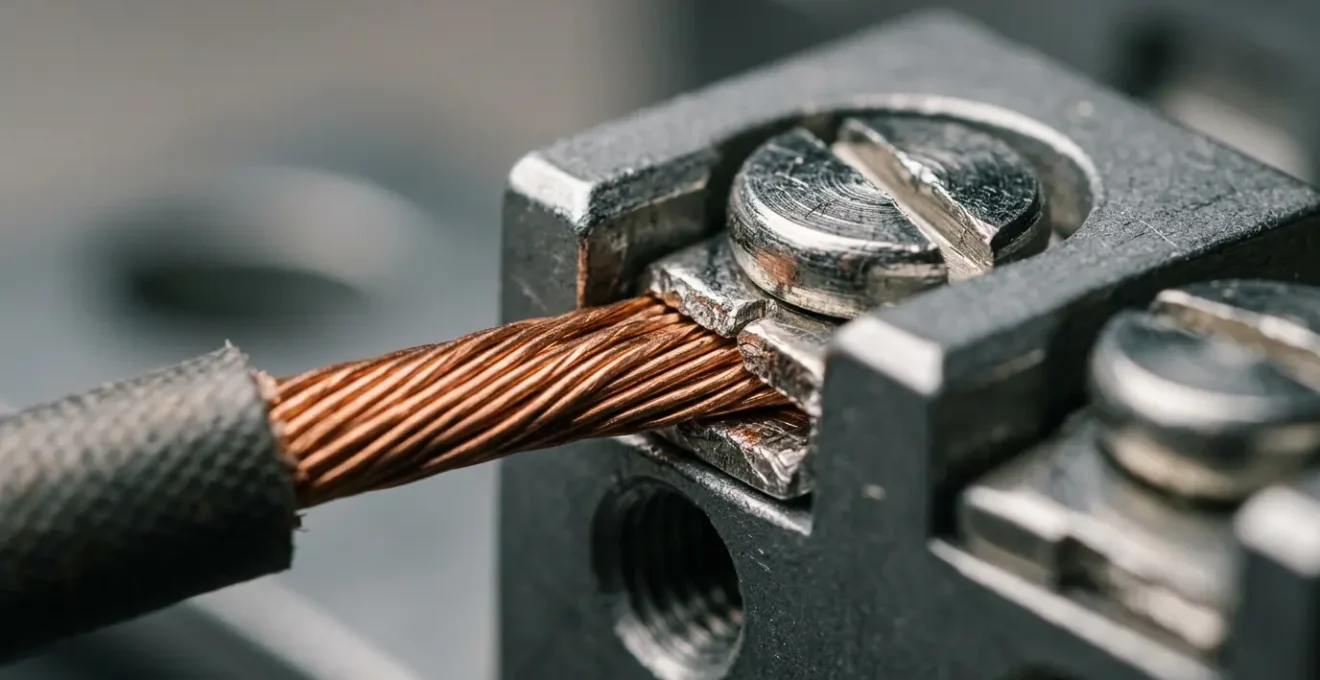 Gros plan sur des fils électriques en cuivre et des bornes de connexion avec outil de serrage sur fond épuré