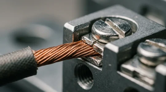 Gros plan sur des fils électriques en cuivre et des bornes de connexion avec outil de serrage sur fond épuré