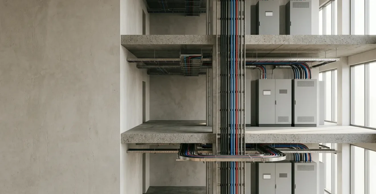Réseau électrique moderne dans un bâtiment multi-étages avec distribution structurée