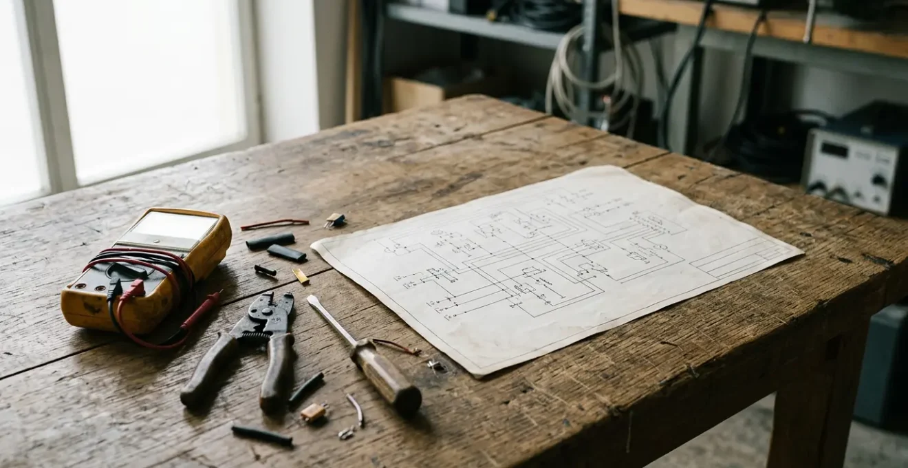 Schéma électrique unifilaire sur table de travail avec outils de diagnostic électrique