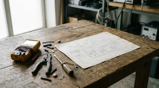 Schéma électrique unifilaire sur table de travail avec outils de diagnostic électrique