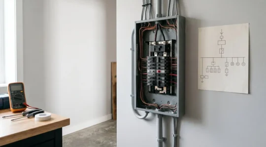 Schéma électrique unifilaire et tableau électrique dans un environnement domestique avec outils de diagnostic