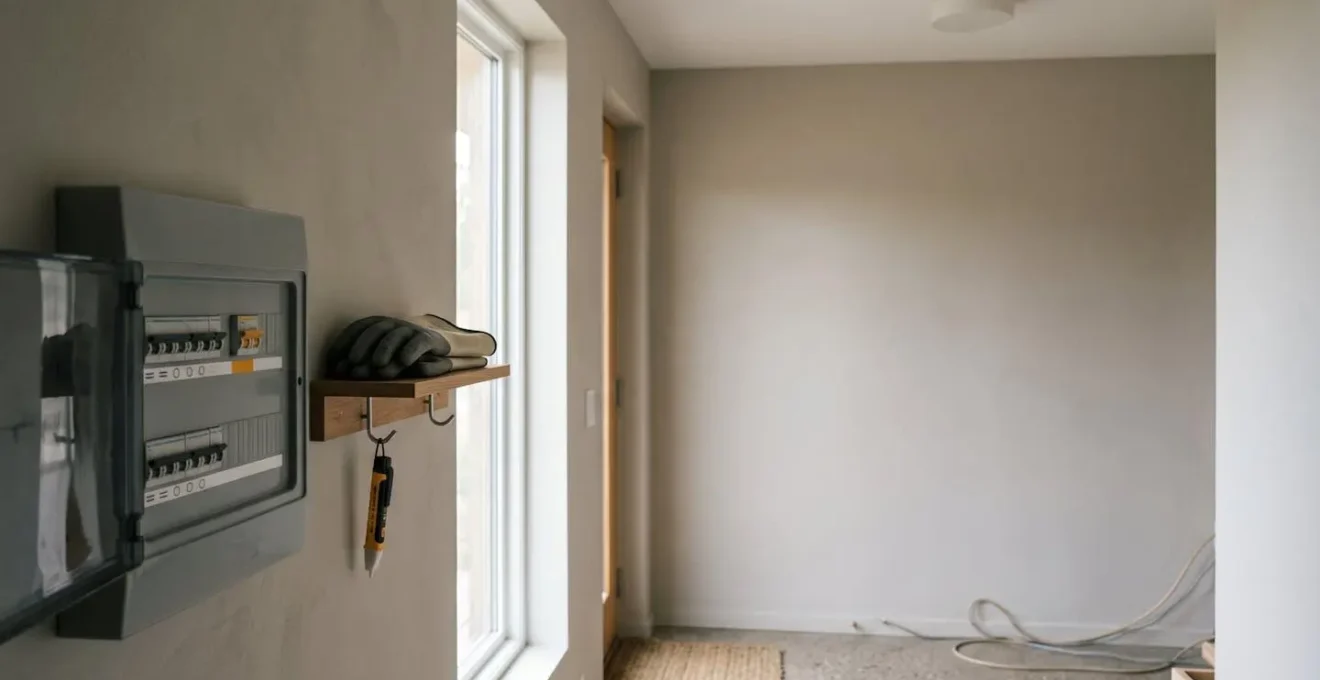 Scène domestique évoquant la sécurité électrique avec des éléments de protection visible dans un intérieur moderne