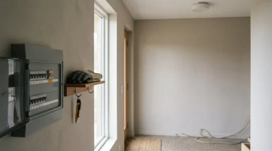Scène domestique évoquant la sécurité électrique avec des éléments de protection visible dans un intérieur moderne
