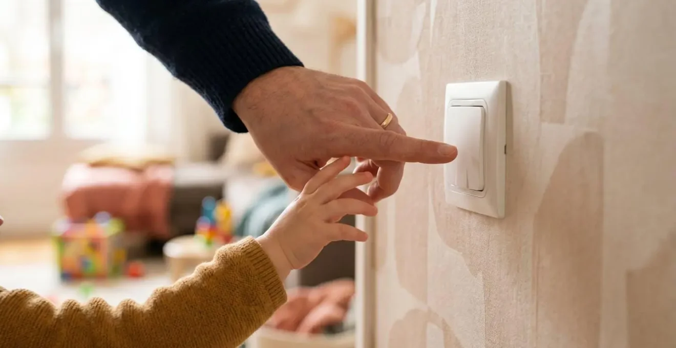 Scène familiale éducative montrant un environnement domestique sécurisé avec cache-prises