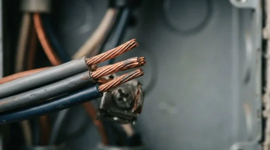 Installation électrique domestique montrant des câbles sous tension avec effets thermiques