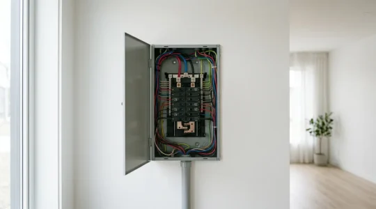 Installation électrique domestique avec câblage et disjoncteurs dans un environnement de sécurité préventive