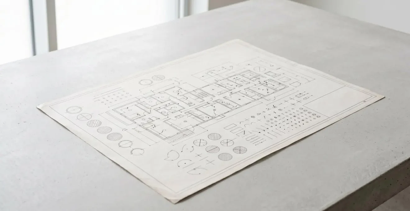 Vue grand angle minimaliste d'un plan architectural avec symboles électriques abstraits disposés sur surface de travail épurée
