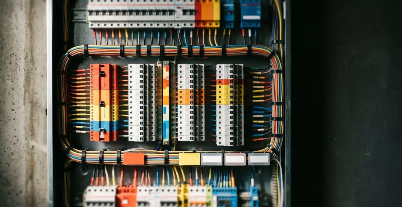 Système d'étiquetage organisé avec codes couleur sur un tableau électrique résidentiel moderne pour identification rapide des circuits