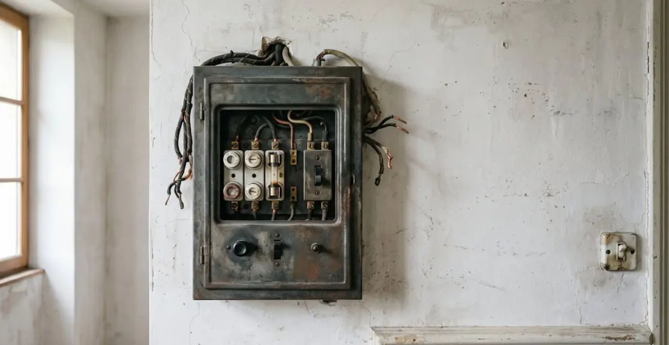 Vue rapprochée d'un tableau électrique ancien des années 1980 dans un logement français nécessitant une mise en conformité