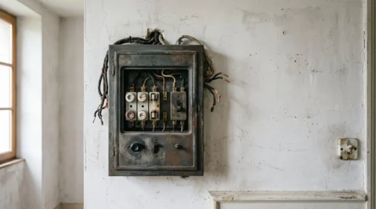 Vue rapprochée d'un tableau électrique ancien des années 1980 dans un logement français nécessitant une mise en conformité