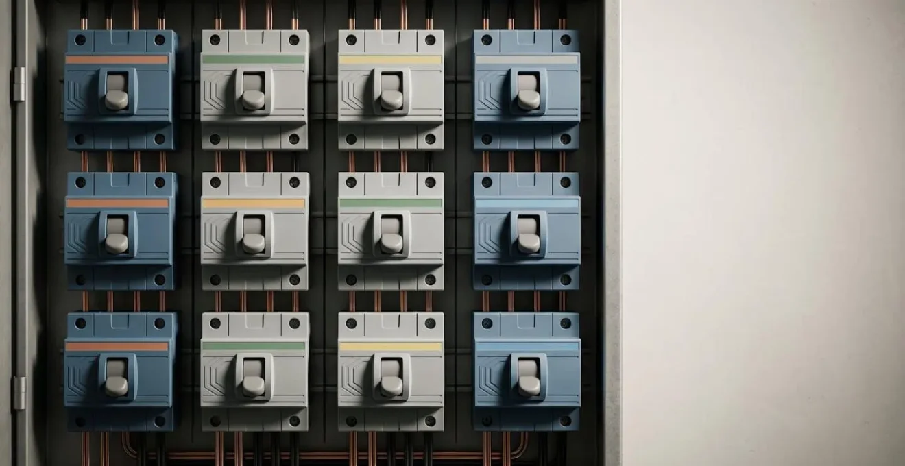 Vue rapprochée d'un tableau électrique organisé avec circuits modulaires et protection différentielle