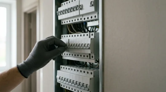 Main d'électricien vérifiant un disjoncteur divisionnaire sur un tableau électrique moderne lors d'un dépannage de coupure de courant