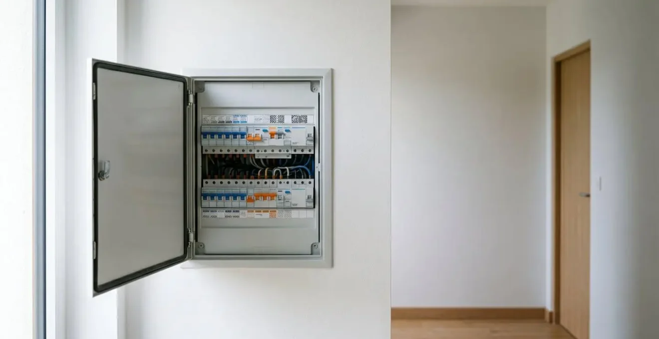 Tableau électrique moderne avec disjoncteurs et différentiels dans un foyer français