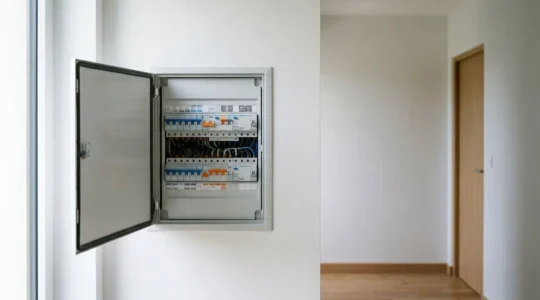 Tableau électrique moderne avec disjoncteurs et différentiels dans un foyer français
