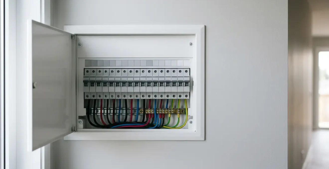 Gros plan sur un tableau électrique moderne avec rangée de disjoncteurs alignés, éclairage naturel et composition technique professionnelle