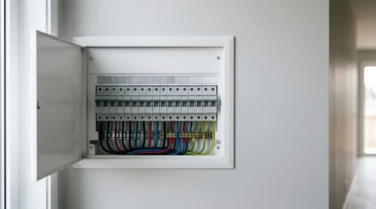 Gros plan sur un tableau électrique moderne avec rangée de disjoncteurs alignés, éclairage naturel et composition technique professionnelle