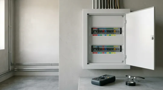 Tableau électrique résidentiel moderne avec disjoncteurs différentiels et dispositifs de protection, inspection annuelle de maintenance