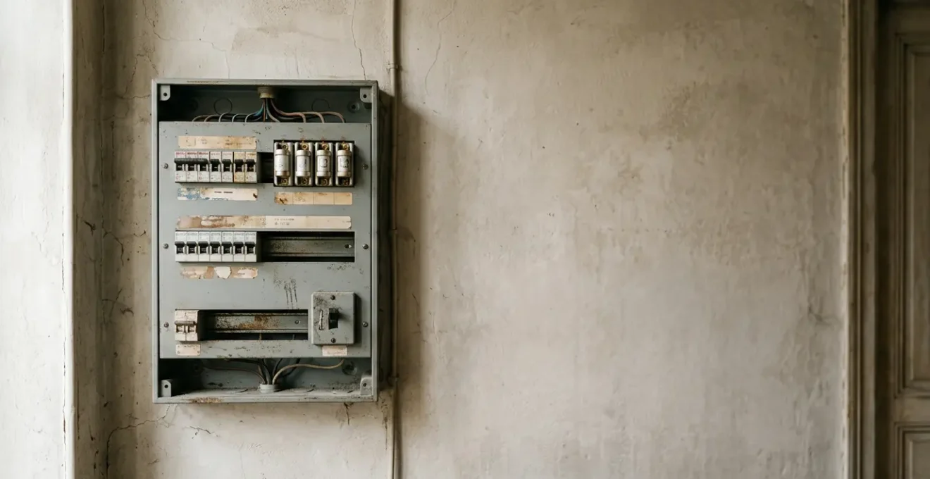Tableau électrique ancien des années 1980 nécessitant une mise en conformité dans un logement résidentiel français
