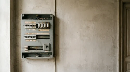 Tableau électrique ancien des années 1980 nécessitant une mise en conformité dans un logement résidentiel français