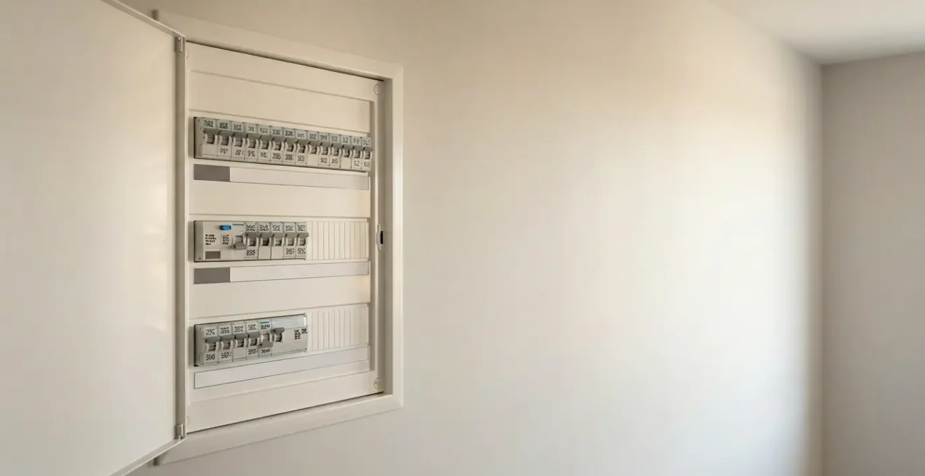 Tableau électrique moderne avec rangées de disjoncteurs et interrupteurs différentiels dans un intérieur domestique