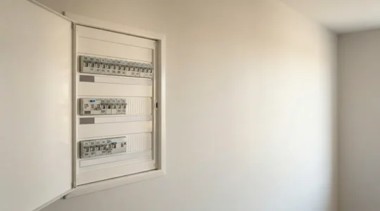 Tableau électrique moderne avec rangées de disjoncteurs et interrupteurs différentiels dans un intérieur domestique
