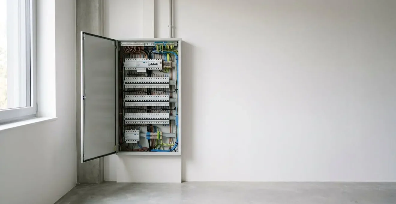 Tableau électrique moderne ouvert avec modules de protection clairement visibles dans un espace technique bien organisé