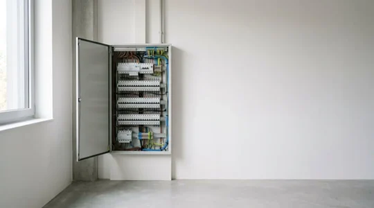 Tableau électrique moderne ouvert avec modules de protection clairement visibles dans un espace technique bien organisé