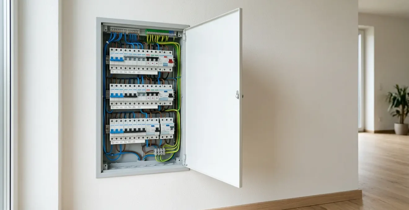 Tableau électrique moderne avec disjoncteurs et modules organisés pour une maison
