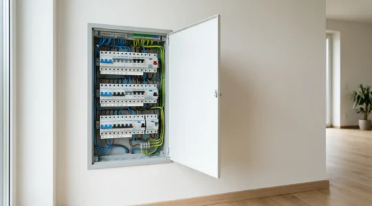 Tableau électrique moderne avec disjoncteurs et modules organisés pour une maison
