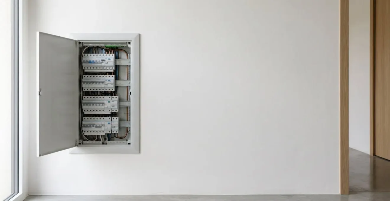 Tableau électrique résidentiel moderne conforme à la norme NF C 15-100 avec différentiels et disjoncteurs