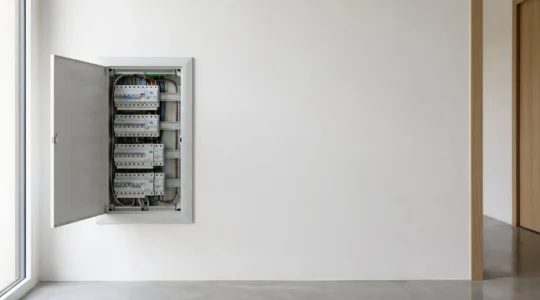 Tableau électrique résidentiel moderne conforme à la norme NF C 15-100 avec différentiels et disjoncteurs