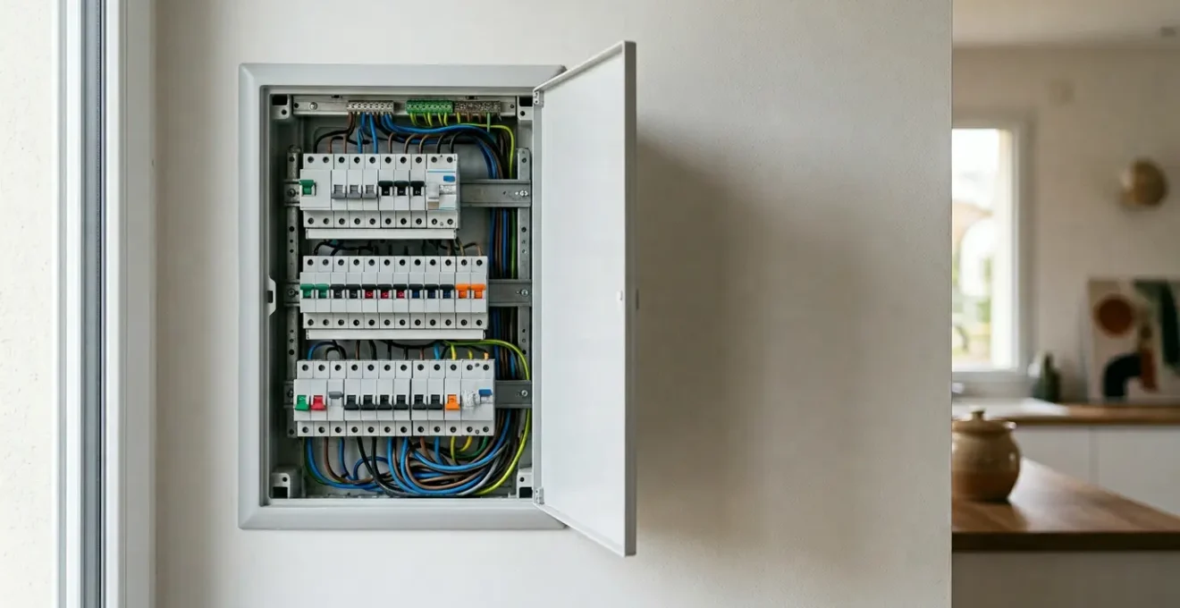 Tableau électrique résidentiel moderne avec disjoncteurs et circuits dédiés pour protéger les appareils électroménagers